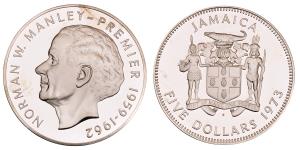 Jamaica, Elizabeth II, Silver 5 Dollars, 42.52g, 1973, Norman W. Manley-Premier, (KM 59).