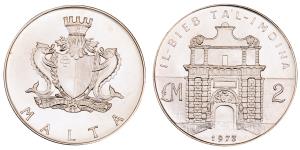 Malta, Silver 2 Liri, 1973, Ta'l-Imdina Gate, 19.99g, (KM 20).