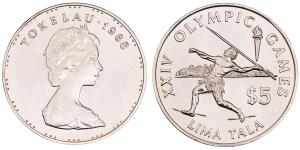 Tokelau, Elizabeth II, Silver 5 Tala, 26.6g, 1988, Summer Olympics, Seoul, (KM 10).