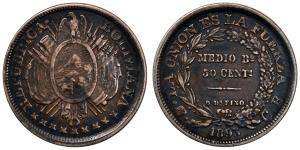 Bolivia, Silver ½ Boliviano-50 Cent, 11.34g, 1893, (KM 161).