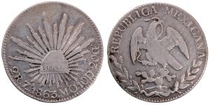 Mexico, Silver 2 Reales, 6.69g, 1863, (KM 374).