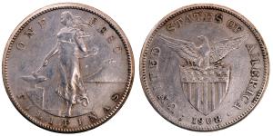 Philippines, Silver Peso, 19.82g, 1908, U.S.Administration, (KM 172).