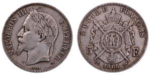 France, Napoleon III, Silver 5 Francs, 24.83g, 1868, (KM 799).
