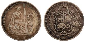 Peru, Silver Sol, 24.56g, 1869, (KM 196).