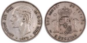 Spain, Alfonso XII, Silver 5 Pesetas, 24.72g, 1877, (KM 676).