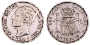 Spain, Alfonso XII, Silver 5 Pesetas, 24.71g, 1878, (KM 676).