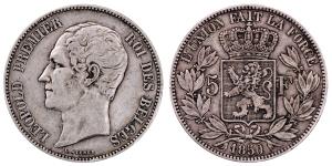 Belgium, Leopold I, Silver 5 Francs, 24.8g, 1850, (KM 17).
