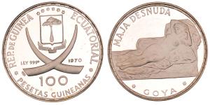 Guineanas, Silver 100 Pesetas, 35.03g, 1970, Goya's "Maja Desnuda", (KM 13).