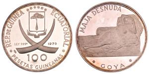 Guineanas, Silver 100 Pesetas, 20.23g, 1970, Goya's "Maja Desnuda", (KM 13).