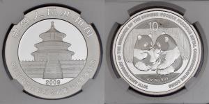China, Silver 10 Yuan, 31.10g, 2009, Panda, Modern Commemorative Coin 30th Anniversary, NG