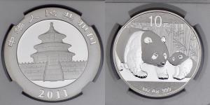 China, Silver 10 Yuan, 31.11g, 2011, Panda, NGC MS 69, (KM 1980).