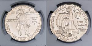 United States of America, Silver Dollar, 26.73g, 1992, Columbus Quincentenary, NGC MS 69, 