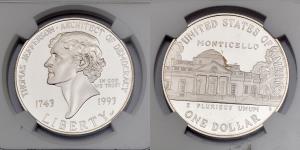 United States Of America, S Jefferson, Silver Dollar, 26.73g, 1993, Thomas Jefferson's 250