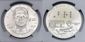 United States of America, Louis Braille, Silver Dollar, 26.73g, 2009, 200th Anniversary of