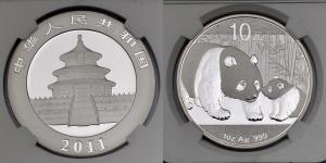 China, Silver 10 Yuan, 31.11g, 2011, Panda, NGC MS 69, (KM 1980).