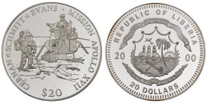 Liberia, Silver 20 Dollars, 19.83g, 2000, Mission Apollo XVII.