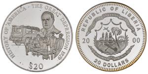 Liberia, Silver 20 Dollars, 20.01g, 2000, The Great Depression 1929.