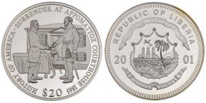 Liberia, Silver 20 Dollars, 20.12g, 2001, History of America, surrender at appomattox cour