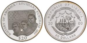Liberia, Silver 20 Dollars, 19.97g, 2000, Louisiana Purchase 1803.