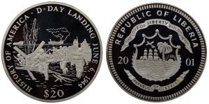 Liberia, Silver 20 Dollars, 19.94g, 2001, D-Day Landing June 6, 1944.