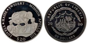 Liberia, Silver 20 Dollars, 20.08g, 2000, Mission Apollo XIII.