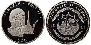 Liberia, Silver 20 Dollars, 20.02g, 2001, Gagarin-Vostok I.