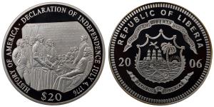 Liberia, Silver 20 Dollars, 20g, 2006, Declaration of Independence July 4, 1776.