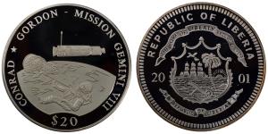 Liberia, Silver 20 Dollars, 20.02g, 2001, Mission Gemini VIII.