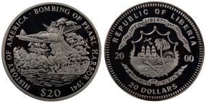 Liberia, Silver 20 Dollars, 20.09g, 2000, Bombing of Pearl Harbor 1941.