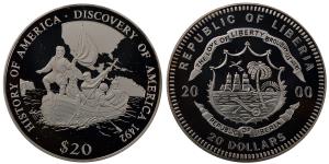 Liberia, Silver 20 Dollars, 19.95g, 2000, Discovery of America 1492.