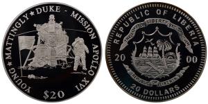 Liberia, Silver 20 Dollars, 20.03g,2000, Mission Apollo XVI.