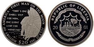 Liberia, Silver 20 Dollars, 20.04g, 2001, First man on the moon.