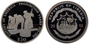 Liberia, Silver 20 Dollars, 20.11g, 2001, Prohibition Years.