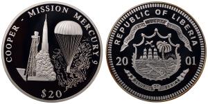 Liberia, Silver 20 Dollars, 20.09g, 2001, Mission Mercury 9.