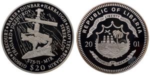Liberia, Silver 20 Dollars, 20g, 2001, Thagard Dezhurov Strekalov, Sts-71-Mir.