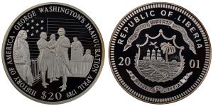 Liberia, Silver 20 Dollars, 19.96g, 2001, George Washington's Inauguration.