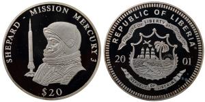 Liberia, Silver 20 Dollars, 20.06g, 2001, Mission Mercury 3.