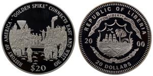 Liberia, Silver 20 Dollars, 20.07g, 2000, Golden Spike connects east and west 1869.