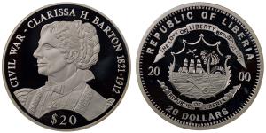 Liberia, Silver 20 Dollars, 20.04g, 2000, Civil War-Clarissa H.Barton 1821-1912.