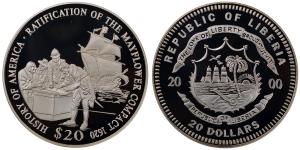 Liberia, Silver 20 Dollars, 20.11g, 2000, Ratification of the Mayflower Compact 1620.