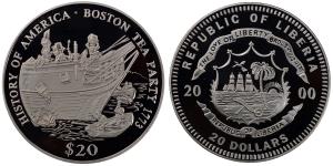 Liberia, Silver 20 Dollars, 20.08g, 2000, Boston Tea Party 1773.