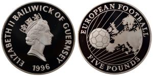 Bailiwick of Guernsey, Elizabeth II, Silver 5 Pounds, 28.39g, 1996, European Football.