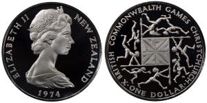New Zealand, Elizabeth II, Silver Dollar, 27.11g, 1974, Commonwealth Games, Christchurch.