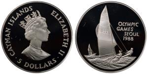 Cayman Islands, Elizabeth II, Silver 5 Dollars, 28.18g, 1988, Summer Olympics,Seoul, (KM 1
