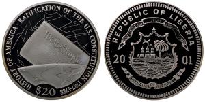 Liberia, Silver 20 Dollars, 20.13g, 2001, History of America Series-Ratification of the U.