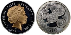 East Caribbean, Elizabeth II, Silver 10 Dollars, 24.38g, 2003, 50th Anniversary of the Cor