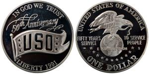 United States of America, Silver Dollar, 26.73g, 1991, 50th Anniversary of the United Serv