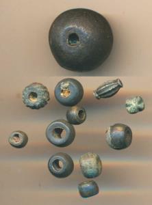 Copper Beads,(12) of various sizes and shapes. Some may form part of a necklace. From anci