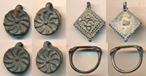 Pendants, lead (3) from riverbed but of uncertain period, together with one ring ( 100-300