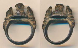 Copper Ring, 10.52g, depicting recumbent seated bull with two rudrakshas on each side. A r
